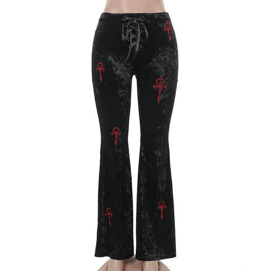 Women's Embroidered Gothic Ankh Flare Pants