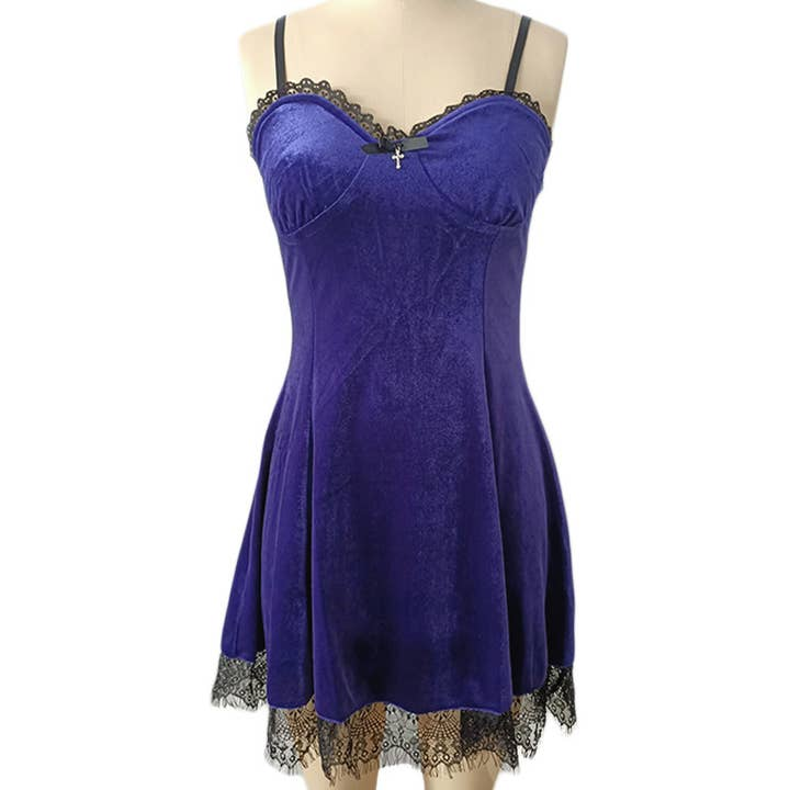 Women Velvet Lace Low Cut Sling Dress