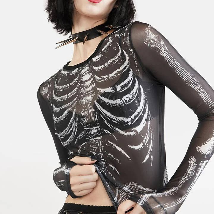Women's Mesh Skull Print Long Sleeve Top