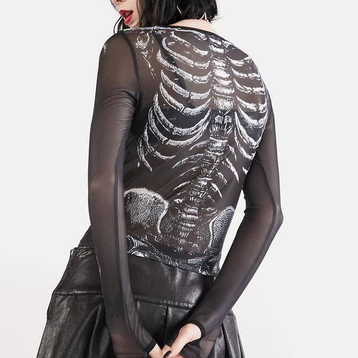 Women's Mesh Skull Print Long Sleeve Top