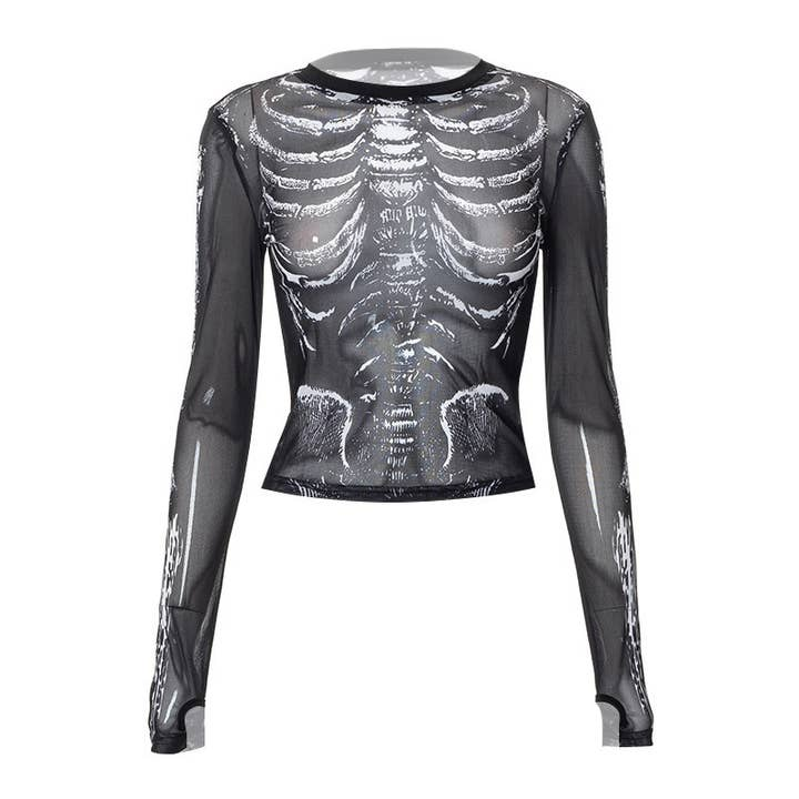 Women's Mesh Skull Print Long Sleeve Top