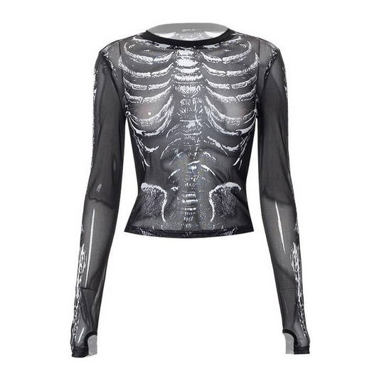 Women's Mesh Skull Print Long Sleeve Top