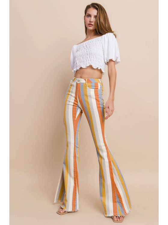 Women's Multi Stripe Denim Bellbottom Jeans