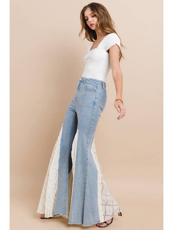 Women's Lace Detail Wide Leg Jeans Light Denim