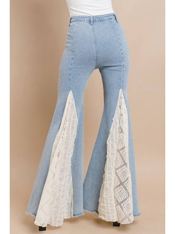 Women's Lace Detail Wide Leg Jeans Light Denim
