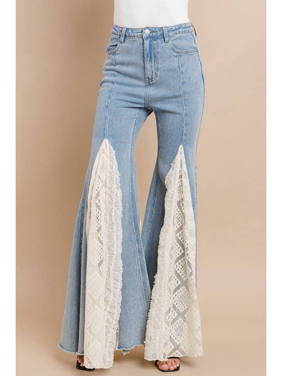 Women's Lace Detail Wide Leg Jeans Light Denim