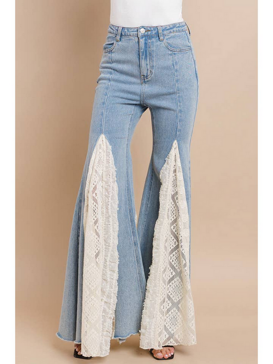Women's Lace Detail Wide Leg Jeans Light Denim