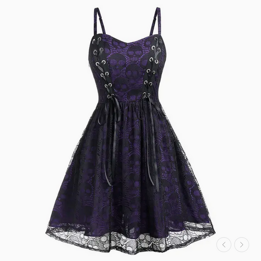 Women Vintage Gothic Lace Skull Print Strap Sling Dress