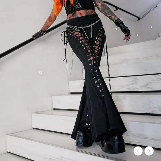 Women Fashion Sexy Gothic Hollow-Out Lace-Up Flared Pants