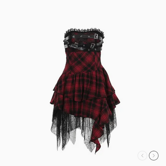 Women's Lace Stitching Strapless Plaid Buckle Dress