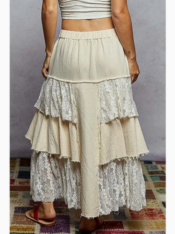 Vintage Wash Solid Double Gauze Lace Ruffle Floral Skirt