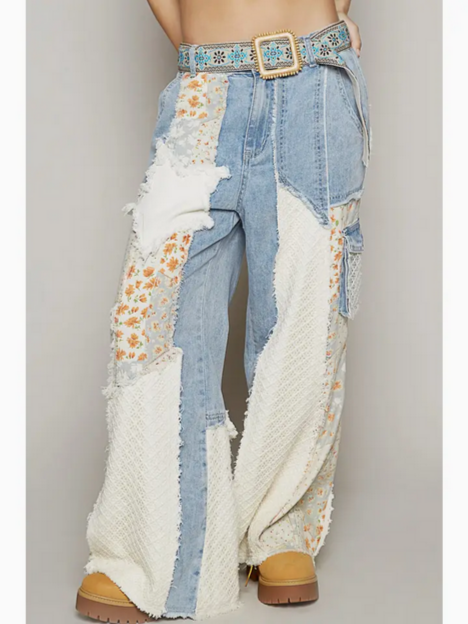Unisex Floral Print Star Patchwork Twill Pants