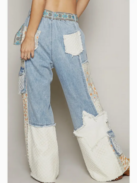 Unisex Floral Print Star Patchwork Twill Pants