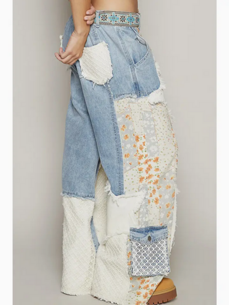 Unisex Floral Print Star Patchwork Twill Pants
