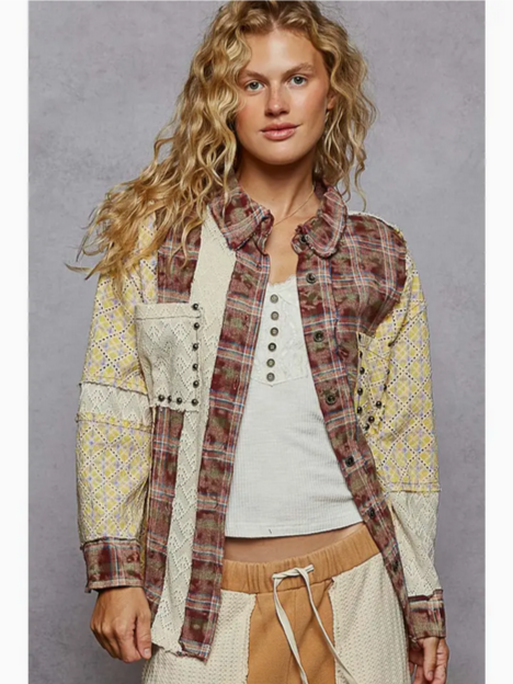 Oversized Long Sleeve Lace Contrast Plaid Shirt