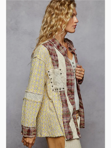 Oversized Long Sleeve Lace Contrast Plaid Shirt