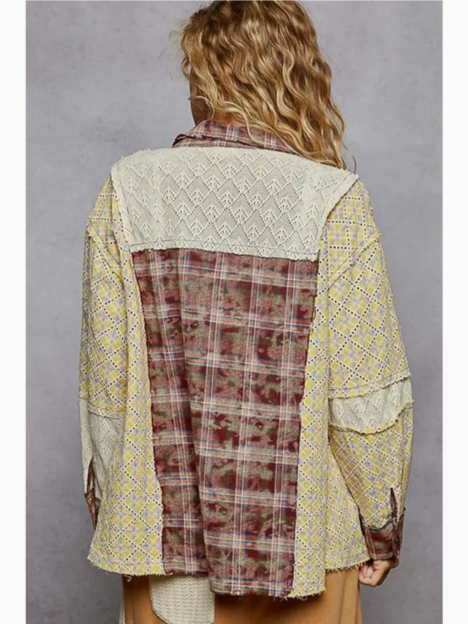 Oversized Long Sleeve Lace Contrast Plaid Shirt