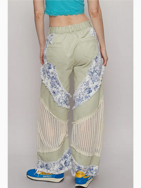 Floral Print Crochet Contrast Casual Pants