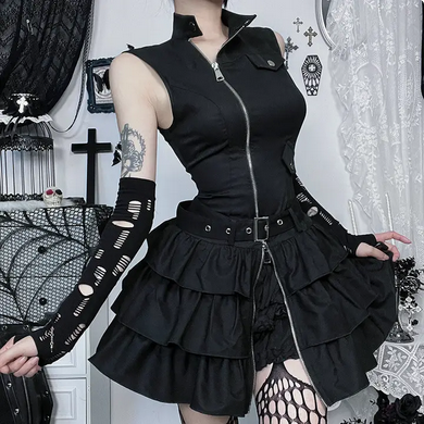 Women's Gothic Black Sleeveless Zip Dress