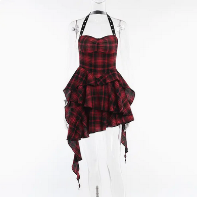 Women's Gothic Ruffled Plaid Halter Dress