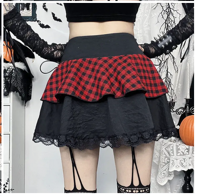 Women's Gothic Lace Plaid Grid Stitching Skirt