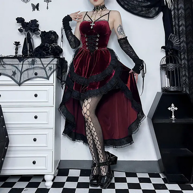 Women's Gothic Velvet Lace-Up V-Neck High-Low Midi Dress