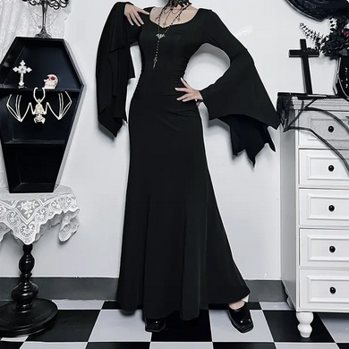Women's Gothic Style Black Long Bell Sleeve Maxi Dress