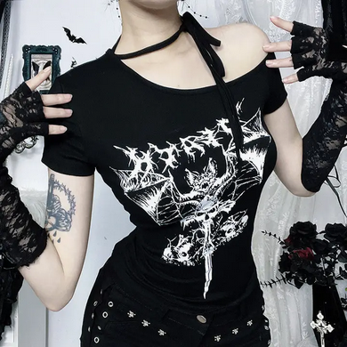 Women's Gothic Slant Shoulder Death Bat T-Shirt