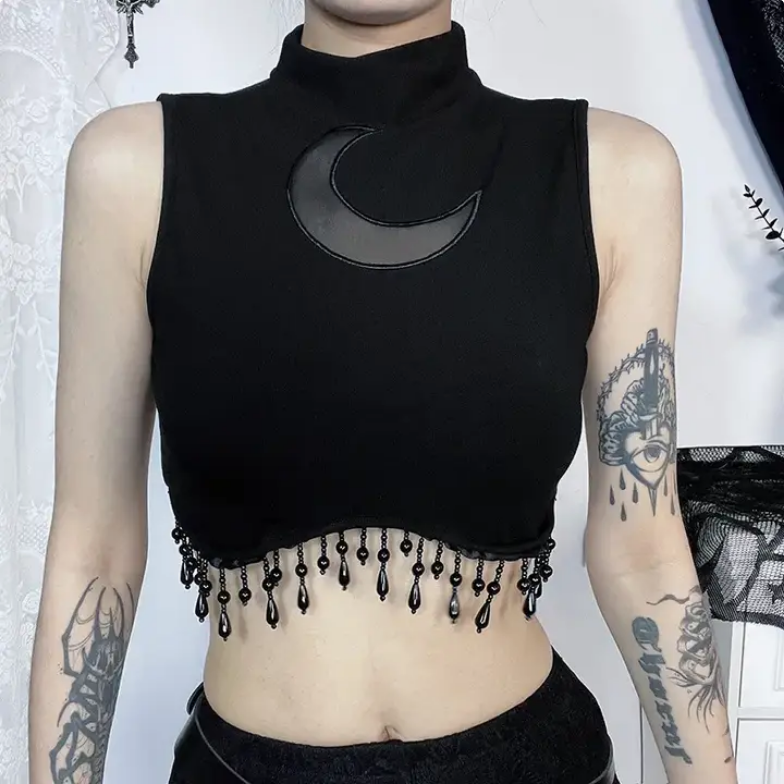 Women's Moon Detail Beaded Fringe Cropped Tank Top