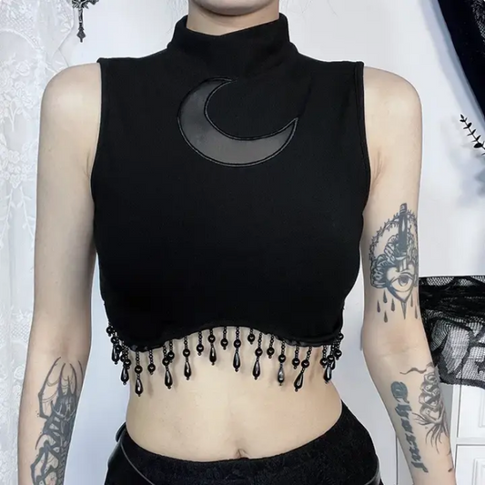 Women's Moon Detail Beaded Fringe Cropped Tank Top