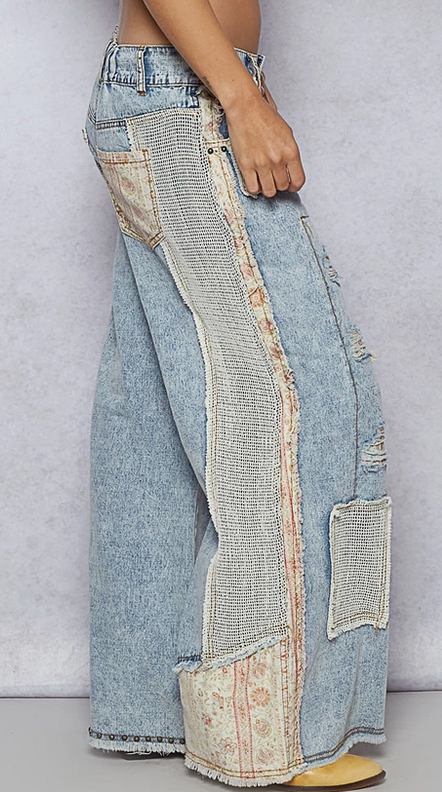 Women's Patchwork Stud Detail Woven Denim Pants