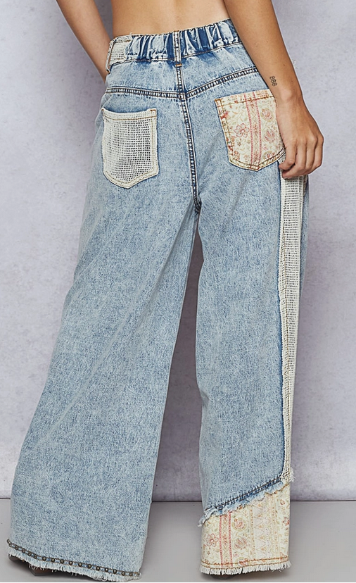 Women's Patchwork Stud Detail Woven Denim Pants