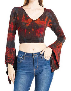 Women's Spandex Tie-Dye Bell Sleeve Lace-Back Crop Top