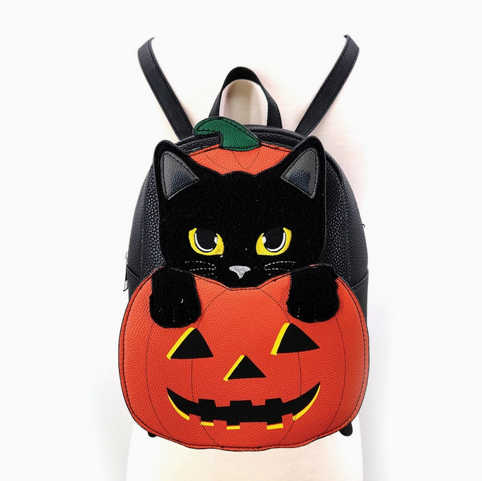 Furry Black Cat in Pumpkin Mini Backpack