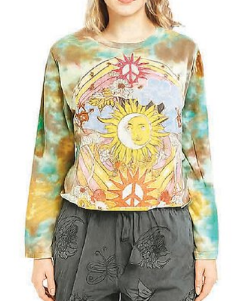 Women's Cotton Tie-Dye Sun Moon Peace Long-Sleeve Short Top
