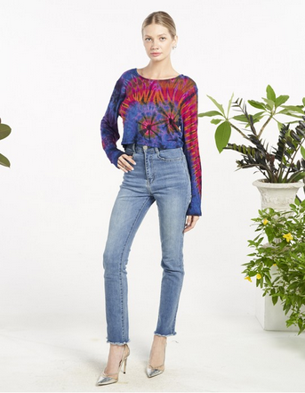 Women's Tie Dye Rayon Round Neck Long Sleeve Crop Top