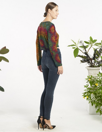 Women's Tie Dye Rayon Round Neck Long Sleeve Crop Top