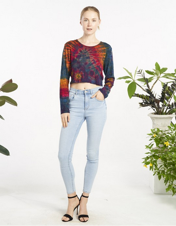 Women's Tie Dye Rayon Round Neck Long Sleeve Crop Top