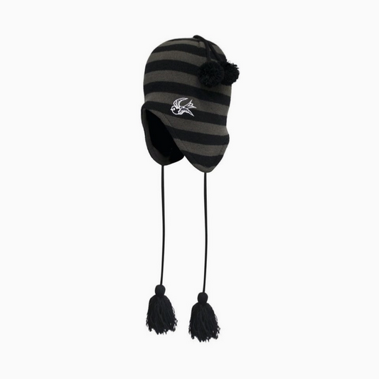 Sourpuss Gray & Black Sparrow Striped Trapper with Pom Poms
