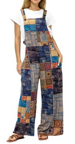 Women's Patchwork Colorblock Crochet Print Overalls