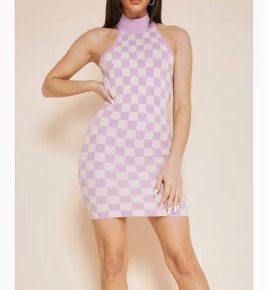 Women's Open Back Checker Board Halter Neck Knit Dress