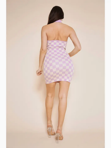 Women's Open Back Checker Board Halter Neck Knit Dress