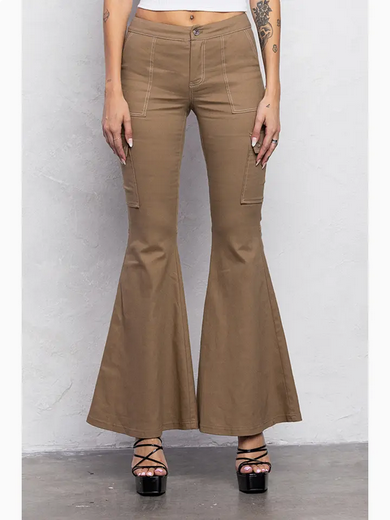 Women's Khaki Cargo Bell Bottom Pants w/ Stitching Detail