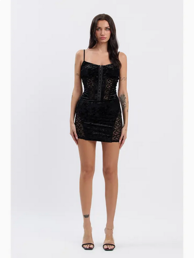Women's Crushed Velvet Mini Dress w/ Lace Contrast