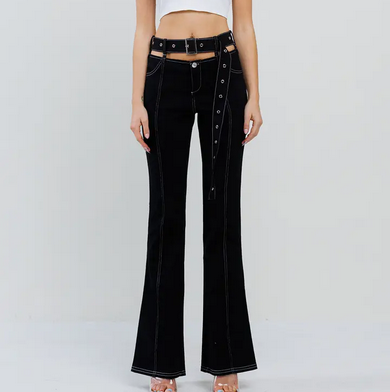 Women's Cutout Featured Stitch Belted On Bell Bottom Pants