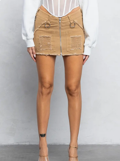Women's Distressed V-Cut Mini Skirt w/ O-Ring Details