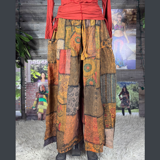 Women's Cotton Patchwork Super Wide Leg Drawstring Pants