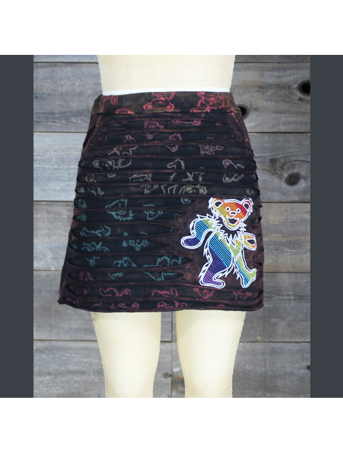 Women's Stonewashed Cotton Grateful Dead Rainbow Bear Embroidered Razor-Cut Skirt