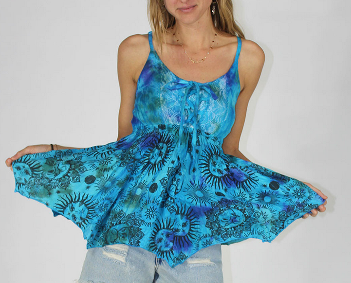 Women's Cotton Tie-Dye Cosmic Print Adjustable Strap Flowy Top