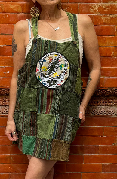 Women's Grateful Dead Heavy Patchwork Stealie Mini Overall Dress